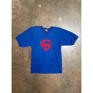 Vintage 80s Superman Shirt Mens Large Blue DC Comics Short Sleeve V Neck USA - L